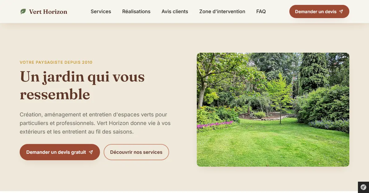 Capture d'écran du site vitrine Vert Horizon, réalisé pour un paysagiste, avec présentation des services et demande de devis.