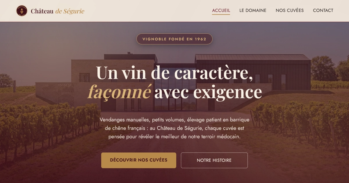 Capture d'écran du site vitrine du Château de Ségurie, domaine viticole, avec présentation des cuvées et page de dégustation.
